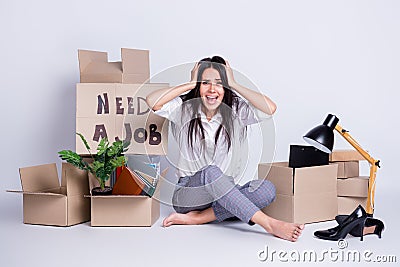 Portrait of her she nice attractive fired devastated miserable lady specialist bankrupt sitting paper poster saying need Stock Photo