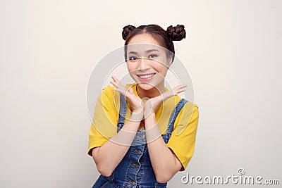 Portrait of her she nice attractive lovely charming cute crazy lady showing excitement isolated over bright vivid white background Stock Photo