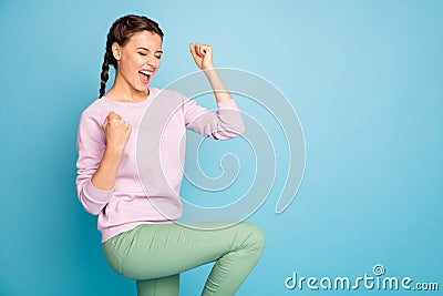 Portrait of her she nice attractive lovely pretty charming cheerful cheery glad girl having fun isolated over bright Stock Photo