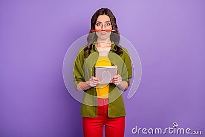 Portrait of her she nice attractive lovely pretty cheery humorous funny wavy-haired girl writing story article grimacing Stock Photo