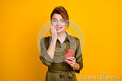 Portrait of her she nice attractive lovely pretty worried desperate wavy-haired girl using cell browsing fake news Stock Photo