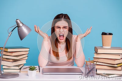 Portrait of her she nice attractive smart clever depressed evil girl preparing examination test graduate university at Stock Photo