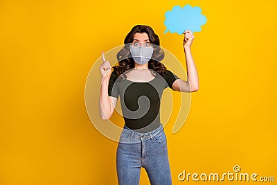 Portrait of her she nice brainy amazed wavy-haired girl wear safety reusable mask stop pandemia holding hand paper cloud Stock Photo