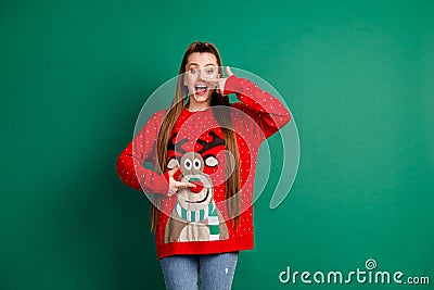 Portrait of her she nice-looking attractive lovely charming comic funky cheerful cheery long-haired girl touching nose Stock Photo
