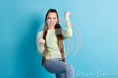 Portrait of her she nice-looking attractive lovely cheerful cheery ecstatic brown-haired girl celebrating attainment Stock Photo