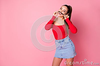 Portrait of her she nice-looking attractive lovely pretty comic funky cheerful cheery girl grimacing having fun making Stock Photo