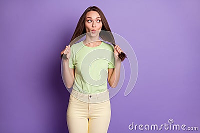 Portrait of her she nice-looking attractive lovely pretty cute girlish funky cheerful girl making tails looking aside Stock Photo