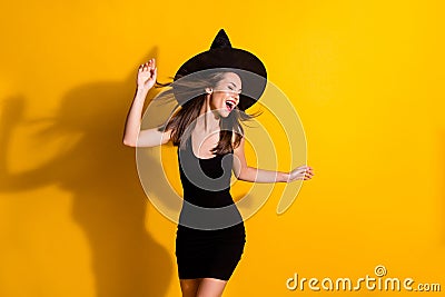 Portrait of her she nice-looking attractive pretty gorgeous cheerful cheery dreamy lady wizard dancing having fun chill Stock Photo