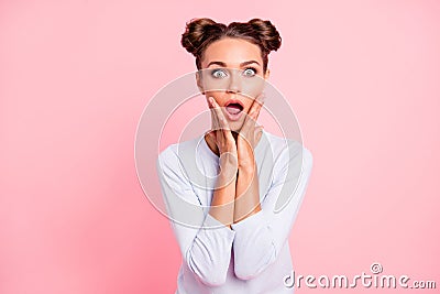 Portrait of her she nice lovely attractive cheerful amazed girl with buns wow great astonishing news opened mouth Stock Photo