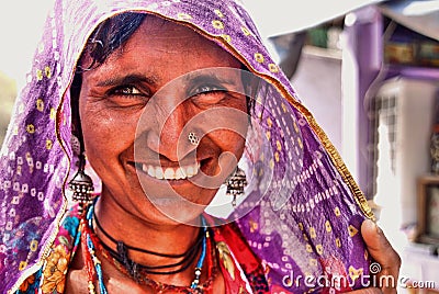 Portrait of a Hindu woman smiling in Jaisalmer Fort, Rajasthan, North India Editorial Stock Photo