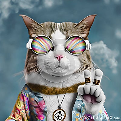 Portrait of hippie cat shows peace gesture Cartoon Illustration