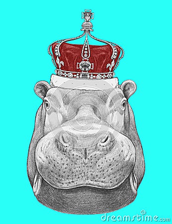 Portrait of Hippo with crown. Cartoon Illustration