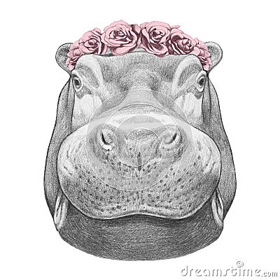 Portrait of Hippo with floral head wreath. Cartoon Illustration