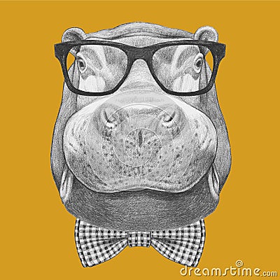 Portrait of Hippo with glasses and bow tie. Cartoon Illustration