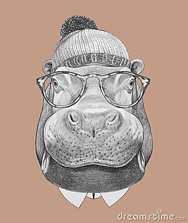 Portrait of Hippo with glasses, hat and bow tie. Cartoon Illustration