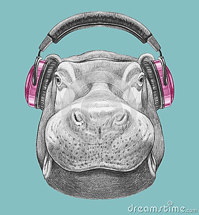 Portrait of Hippo with headphones. Cartoon Illustration