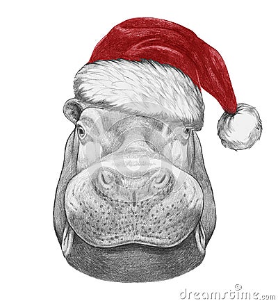 Portrait of Hippo with Santa Hat. Cartoon Illustration