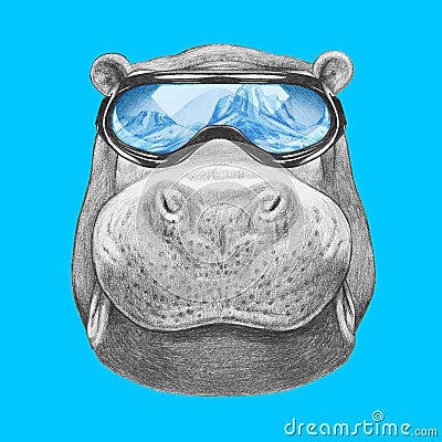 Portrait of Hippo with ski goggles. Cartoon Illustration