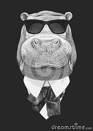 Portrait of Hippo in suit. Cartoon Illustration