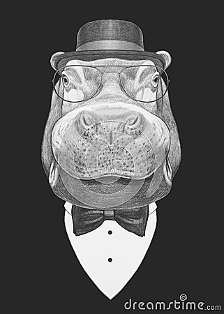 Portrait of Hippo in suit. Cartoon Illustration