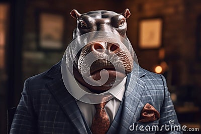 Portrait of a Hippopotamus dressed in a formal business suit Stock Photo