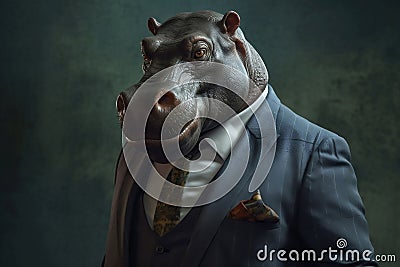 Portrait of a Hippopotamus dressed in a formal business suit Stock Photo