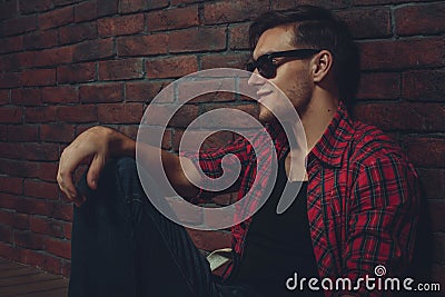 Portrait hipster smilling man with glasses casual Stock Photo