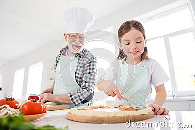 Portrait of his he her she nice cheerful focused grey-haired granddad grandchild cooking preparing flavoring fresh Stock Photo
