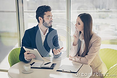 Portrait of his he her she two nice stylish classy smart clever skilled people specialist web search analysing data Stock Photo