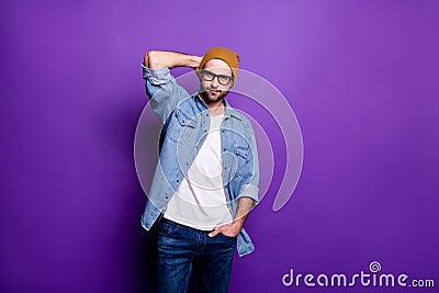 Portrait of his he nice attractive content virile brutal bearded guy posing modern lifestyle season clothing isolated Stock Photo