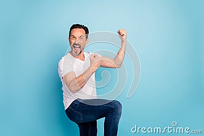 Portrait of his he nice attractive crazy cheerful cheery glad overjoyed brunette guy celebrating good attainment Stock Photo