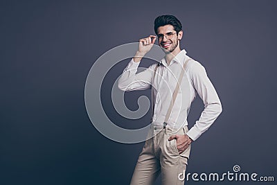 Portrait of his he nice attractive professional elegant luxurious cheerful brunette man company owner agent broker Stock Photo