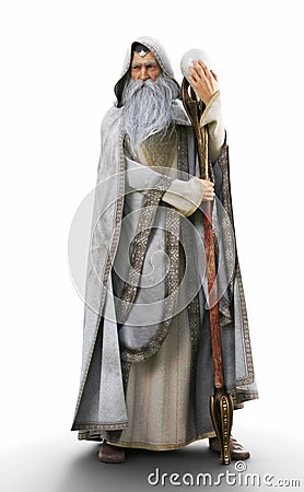 Portrait of a hooded grey cloaked wizard holding his magical staff on an white background. Stock Photo