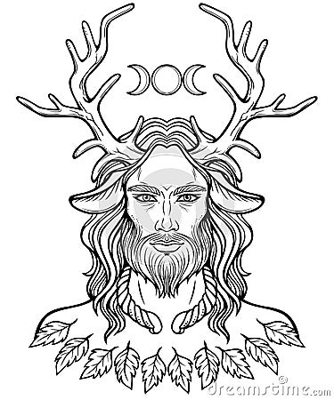 Portrait of horned god Cernunnos. Vector Illustration