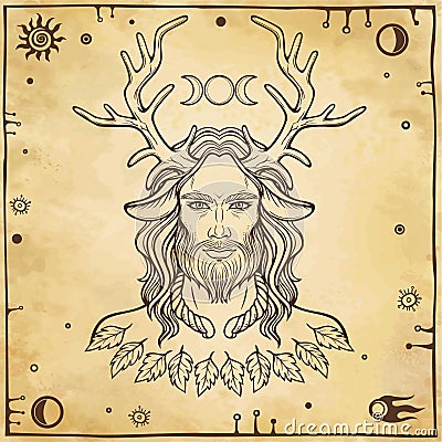 Portrait of horned god Cernunnos. Vector Illustration