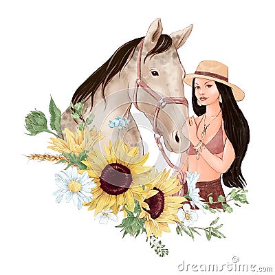 Portrait of a horse and a girl in digital watercolor style and a bouquet of sunflowers and daisies Stock Photo