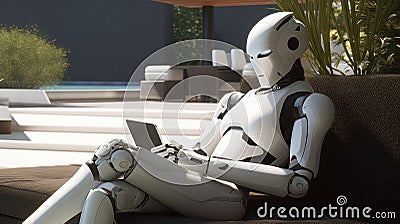 Portrait of human like robot relaxing in living room. Futuristic modern cyborg in apartment Stock Photo