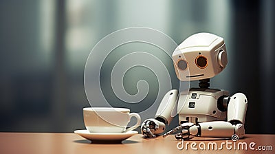 Portrait of human like robot relaxing in living room. Futuristic modern cyborg in apartment Stock Photo