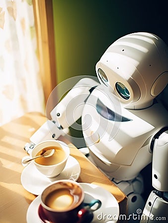 Portrait of human like robot relaxing in living room. Futuristic modern cyborg in apartment Stock Photo