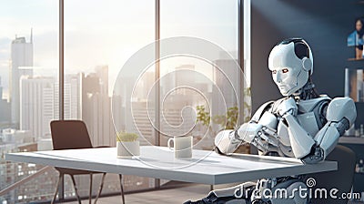 Portrait of human like robot relaxing in living room. Futuristic modern cyborg in apartment Stock Photo