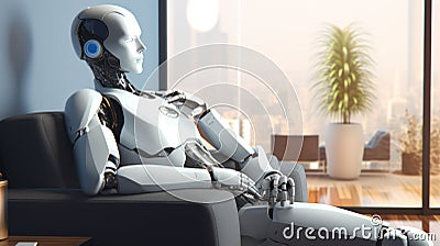 Portrait of human like robot relaxing in living room. Futuristic modern cyborg in apartment Stock Photo