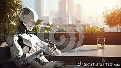 Portrait of human like robot relaxing in living room. Futuristic modern cyborg in apartment Stock Photo