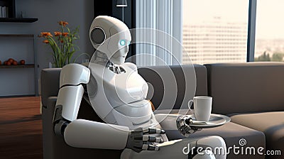 Portrait of human like robot relaxing in living room. Futuristic modern cyborg in apartment Stock Photo