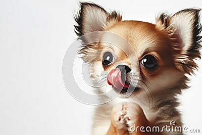 Portrait hungry and funny cute little chihua puppy licking it lips with tongue on white background. ai generative Stock Photo