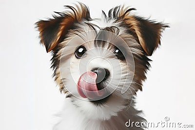 Portrait hungry and funny cute little jork terrier puppy licking it lips with tongue on white background. ai generative Stock Photo