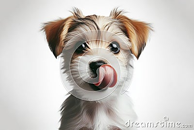 Portrait hungry and funny cute little jork terrier puppy licking it lips with tongue on white background. ai generative Stock Photo