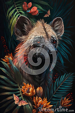 Portrait of a hyena with roses and palm leaves Stock Photo
