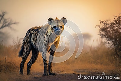 Portrait of a Hyena in the wild savanna at sunset. Amazing African Wildlife. Generative Ai Stock Photo