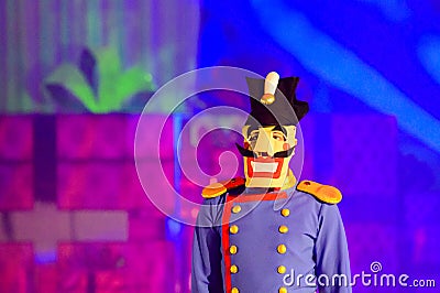 Portrait of an ice skater dressed as a toy soldier during the premiere of Christmas on Ice show, in Madrid Spain Editorial Stock Photo