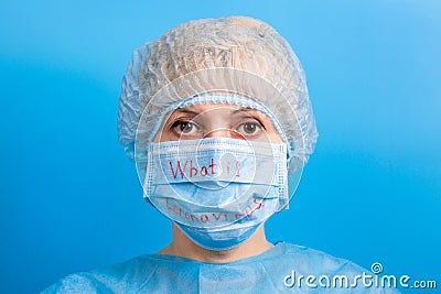 Portrait of ill woman wearing medical uniform and mask with what is text at blue background. and health Stock Photo